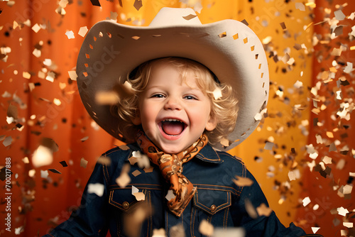 Happy small boy child dressed up with Carnival or Halloween cowboy costume in front of studio wall with confetti photo