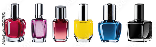 Set collection of realistic colourful nail polish bottles isolated on transparent background. Generative AI