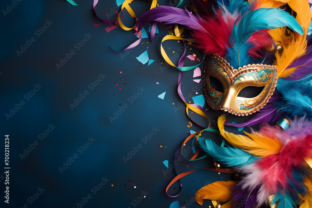 Carnival flat lay with golden carnival mask with colorful feathers, confetti on blue background with copy space