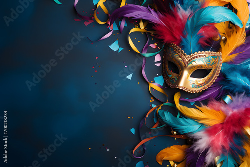 Carnival flat lay with golden carnival mask with colorful feathers, confetti on blue background with copy space