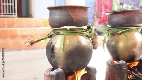 celebrating Traditional Thai Pongal festival to sun god with pot, lamp,wood fire stove, fruits and sugarcane. Making Sakkarai or sugar pongal and ven pongal in sand stove in traditional method photo