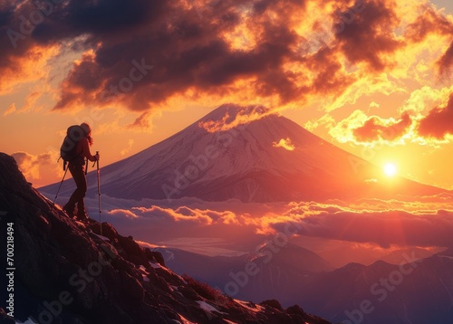 Asian Expedition: A Stunning Woman, Equipped with Trekking Poles, Observes the Beauty of Mount Fuji at Sunset in Japan - A Gorgeous Journey in the Heart of Asia