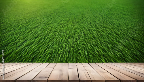 Empty wooden table with green grass theme in background. Ai