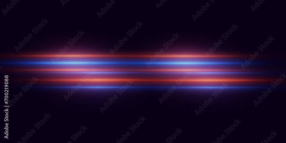 Realistic line light effect, neon backlight. Bright light lens. Police lighting effects and glare. Glowing sparks on a black background.