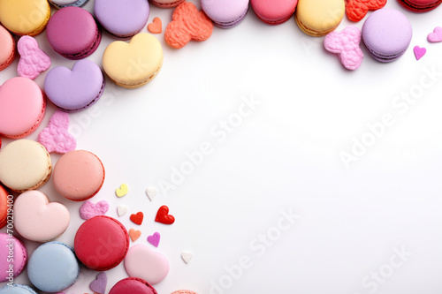 Macaroon Cakes and Heart-Shaped Confections on a Pure White Background - A Perfect Canvas for Your Valentine's Day Card, Offering a Delicious Visual Treat and a Space for Your Text