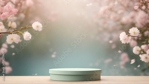 Cherry blossom background green minimal podium for product display. 3D render #700219695
