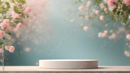 minimal product display white podium with cherry blossom background, 3d render photo