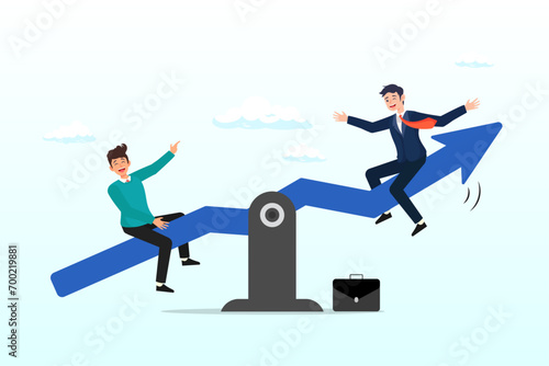 Businessman sit on balance seesaw green arrow graph lift up other guy soaring, investment stock market volatility, financial asset value going up and down or profit growth rising up (Vector)