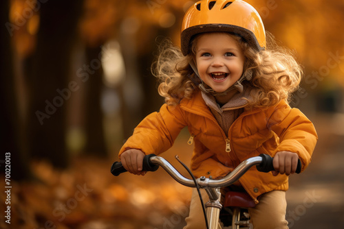 a smiling happy little girl is riding a child's bicycle outdoors in the autumn