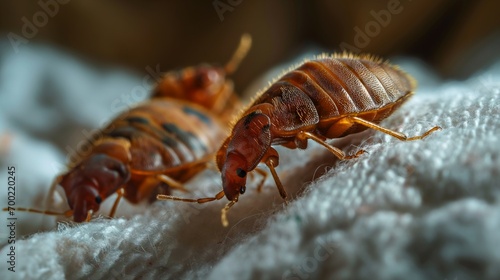 Bedbugs Infestation on Mattress, Close-up View of the Parasitic Insects Causing Bedroom Pests Problems photo