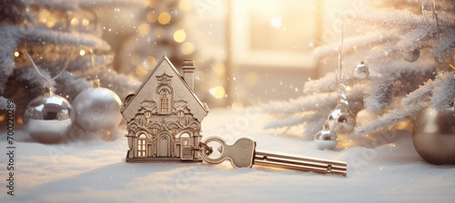 a house key hanging above a snow covered roof, new house concept