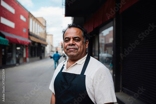 Latin Shopkeeper Standing Proudly in Urban Setting