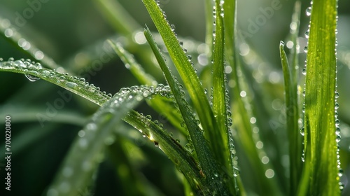 Fresh Dew Drops Glistening on Green Grass Blades in a Tranquil Morning Setting
