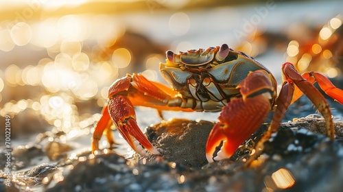 Crab Scuttling on the Sandy Beach, an Intriguing Example of Coastal Wildlife in its Natural Habitat