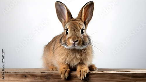 Cute brown bunny on a wooden table  isolated on a clean white background - Perfect graphic resource for Easter cards  posters and cutouts.