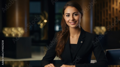 Smiling receptionist at a desk in a luxury hotel lobby created with Generative AI