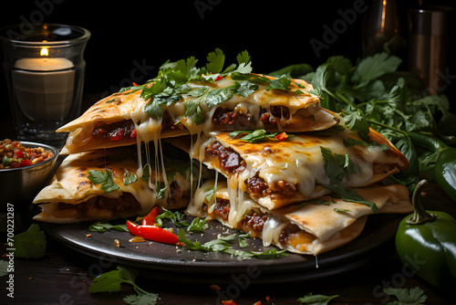 Andouille and poblano quesadillas, fast food, dramatic studio lighting and a shallow depth of field. Placed on a reflective black surface.no.02 photo