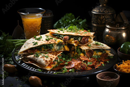 Andouille and poblano quesadillas, fast food, dramatic studio lighting and a shallow depth of field. Placed on a reflective black surface.no.03