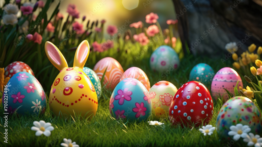 Decorated Easter eggs placed on a grassy surface