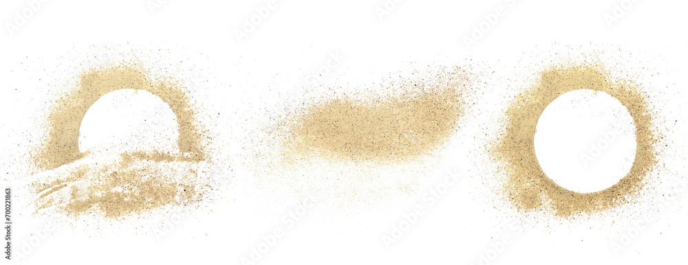 Set milled white pepper powder pile, frame peppercorn spice isolated on white background, top view - obrazy, fototapety, plakaty 