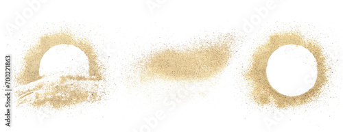 Set milled white pepper powder pile, frame peppercorn spice isolated on white background, top view