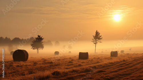 Misty morning sunrise with hay bails in a field  photo