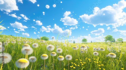 Vibrant and sunlit meadow filled with dandelions in various stages of bloom, against a backdrop of a clear blue sky