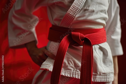 Red Belt Warriors: Person in Kimono and Red Belt on Red Background with Space for Text. Martial Arts Discipline Concept