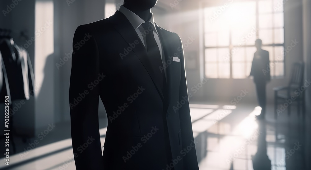 Mannequin in a black suit on a blurred background. Toned image Mannequin in a black suit on a blurred background. Toned image