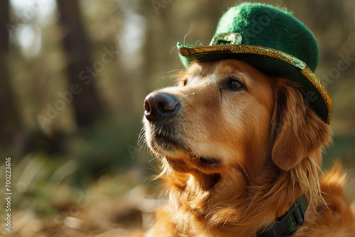 Golden Retriever wearing a green St. Patrick's Day hat