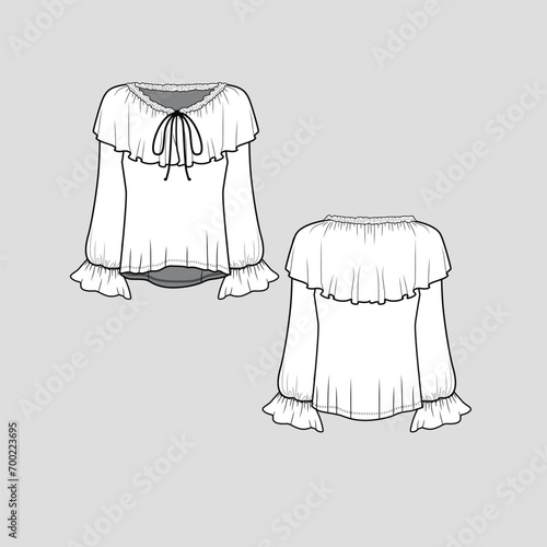Knotted neck frill Ruffles Fashion top  neckline ruffles Gathering knot tie  elastic gathering ruffles frill long sleeve high low dip hem Fashion clothing outline flat sketch technical drawing templat