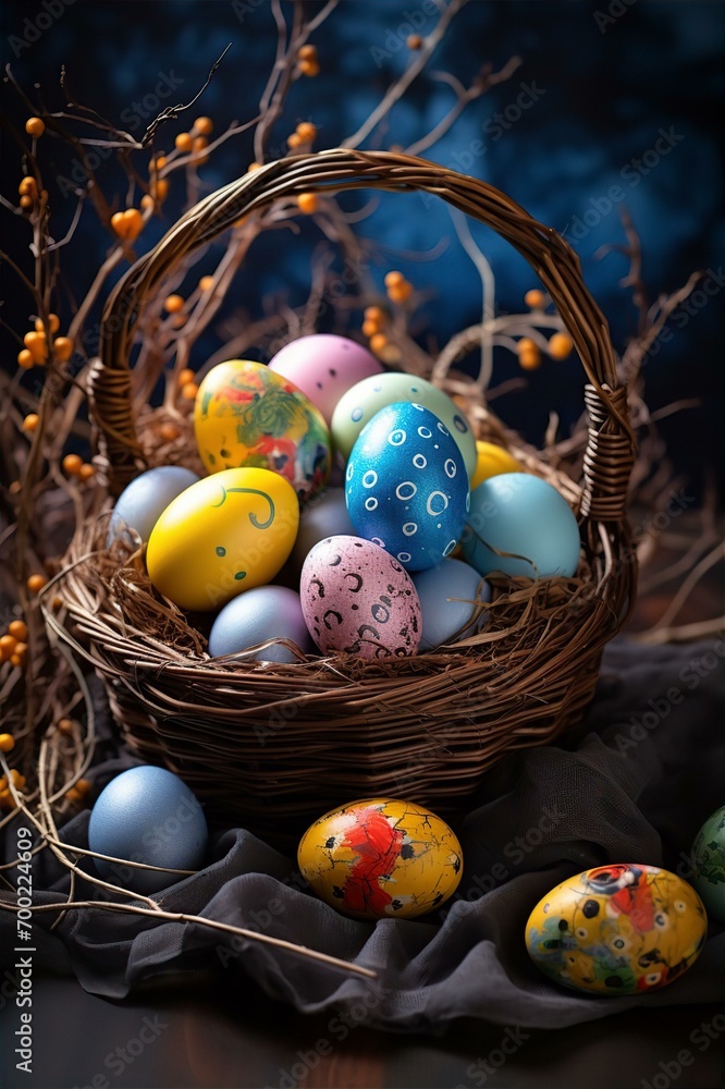 beautiful decorated eggs in the basket on Easter day beautiful decorated eggs in the basket on Easter day