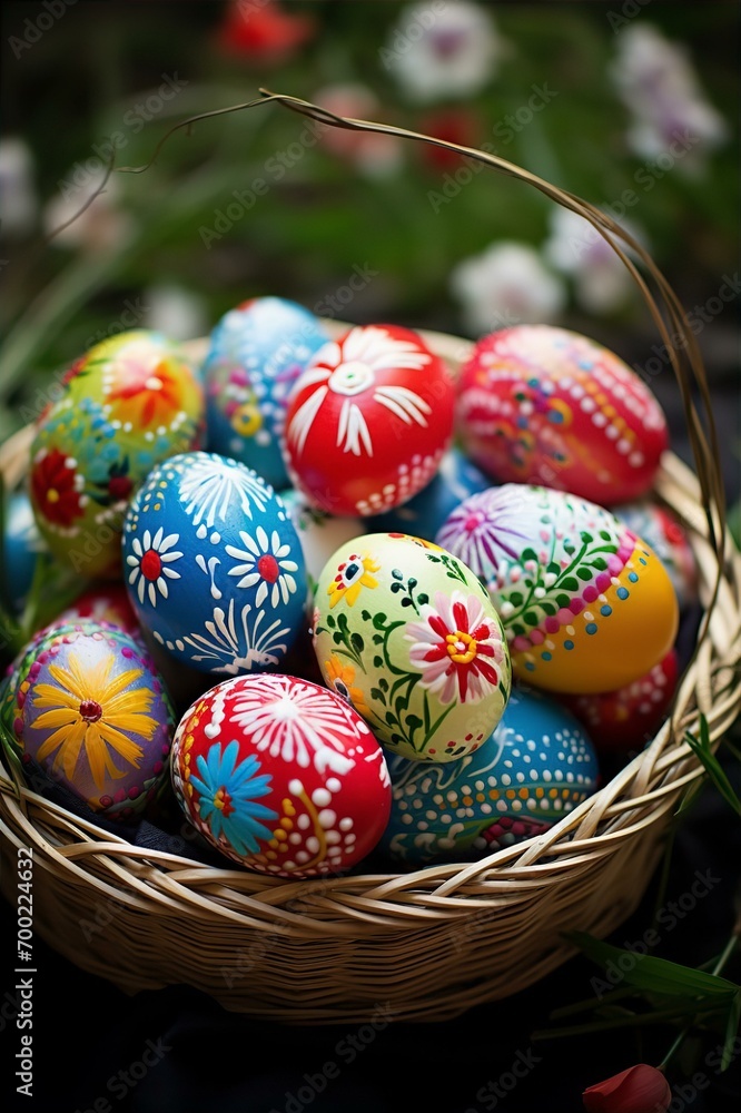 Fototapeta premium beautiful decorated eggs in the basket on Easter day