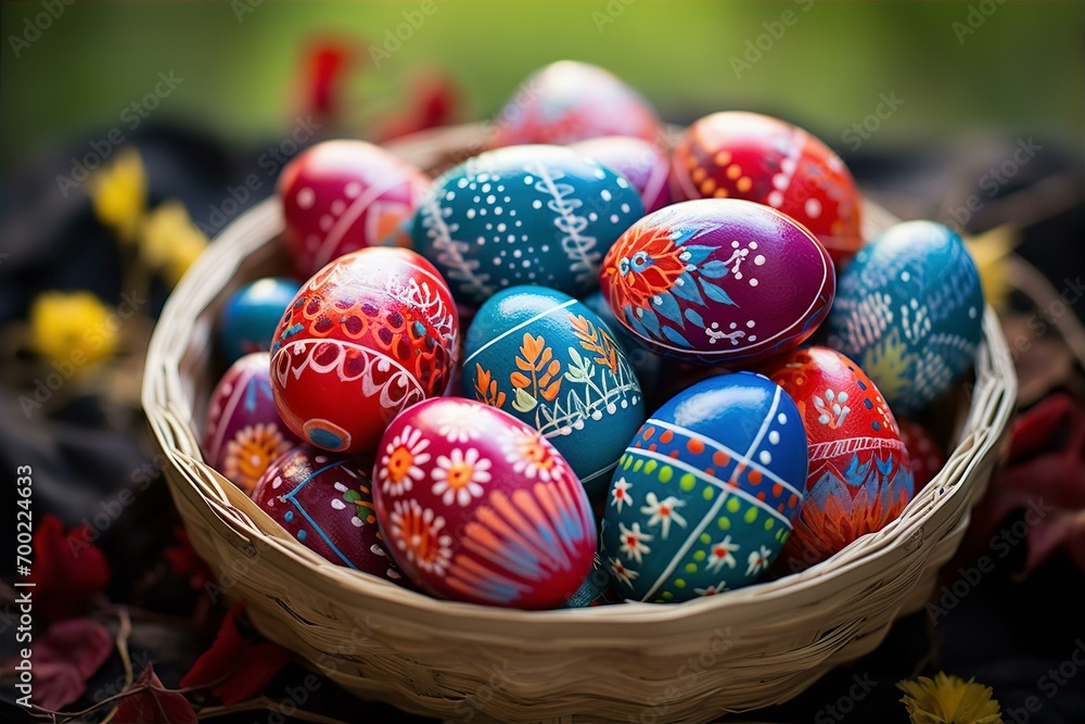 Fototapeta premium beautiful decorated eggs in the basket on Easter day