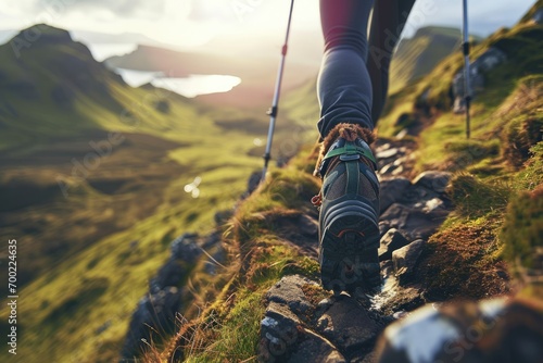 Female Hiker with Trekking Sticks on a Journey Through the Rugged Landscapes of the Isle of Skye in the Scottish Inner Hebrides Highlands photo