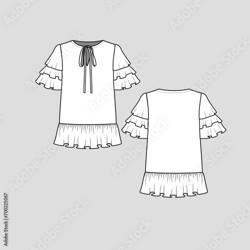 Knotted Ruffles Sleeve tunic top notch neck front knot tie detail Layered Ruffles sleeve flounce flare hem fashion clothing flat sketch technical drawing template design vector
