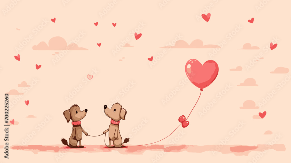 copy space, simple vector valentine cute dogs couple falling in love, handdrawn. Cute valentine card with dogs. Beautiful background or for valentine’s day. Beautiful background. Valentine’s card.