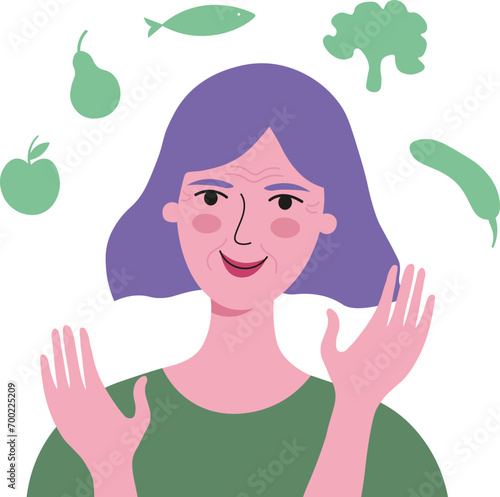 Elderly woman of retirement age and food, nutrition healthy lifestyle concept, hand drawn flat stock vector illustration. Self care, health, diet, beauty for older pensioner women, life aging people