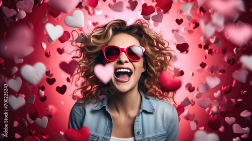 Portrait of a laughing woman surrounded by a red confetti paper hearts against a pink background.