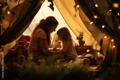 mother and daughter spend time together in a camping tent in the countryside