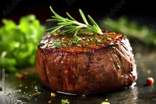 A close-up view of a prime filet mignon steak, medium doneness. (Generative AI)