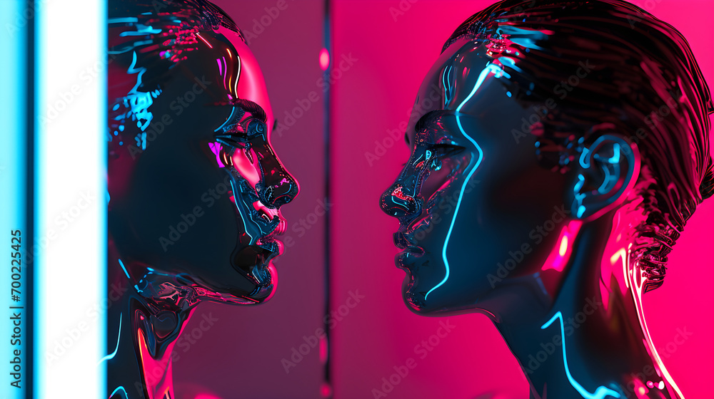 Futuristic Woman Looking at her Reflection  - obrazy, fototapety, plakaty 