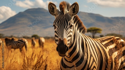 Portrait of zebra herd group in african savanna walking