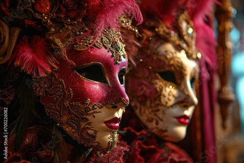 Extravagant heart-shaped masquerade masks adorned with feathers, jewels, and intricate lace, set against a backdrop of velvet curtains.