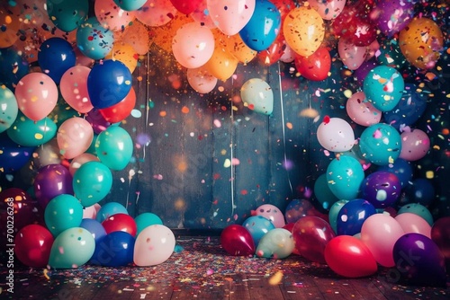 Joyful backdrop filled with colorful balloons, confetti, and bokeh lights. Perfect for young girls' events and photo scenes. Generative AI