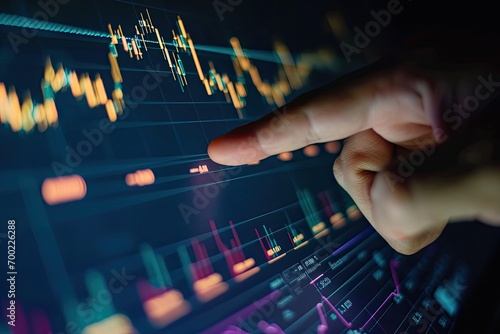 Finger points to a financial chart showing a price increase in the stock market. Concept of trading, business, investment. Financial literacy is the key to constant income growth.