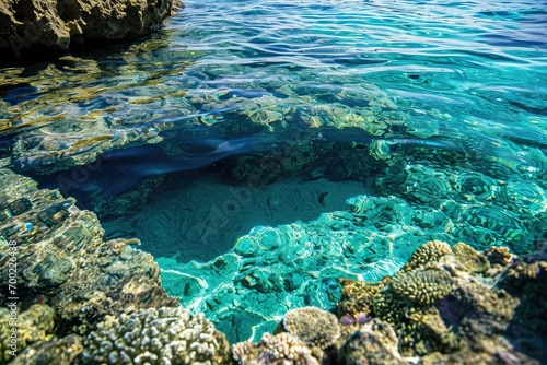 Heart-shaped reef teeming with vibrant marine life  as seen through the crystal-clear waters of a tropical paradise.