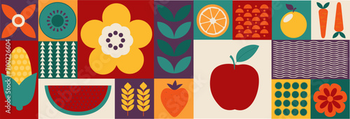 Bauhaus. Pattern with tropical fruits. Geometric food pattern of apples, orange, lemon, watermelon, apple, kiwi, carrot, corn and flowers
