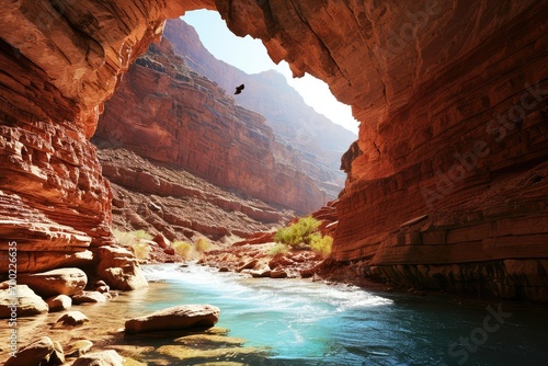 Majestic heart-shaped arch in a red rock canyon, with a clear blue river flowing beneath and eagles soaring above.
