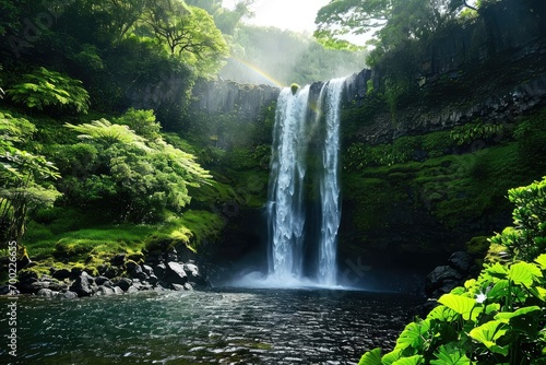 Majestic heart-shaped waterfall cascading into a hidden lagoon  with rainbows forming in the mist and lush greenery around.